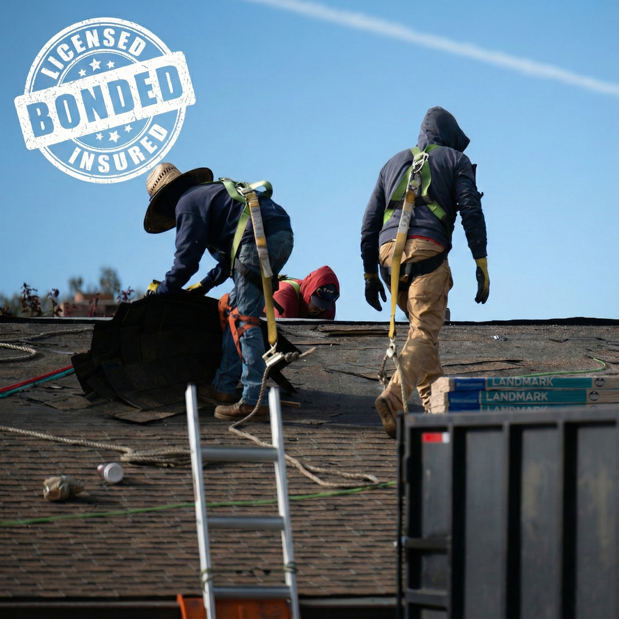 Licensed, bonded, and insured ARS roofing crew working safely