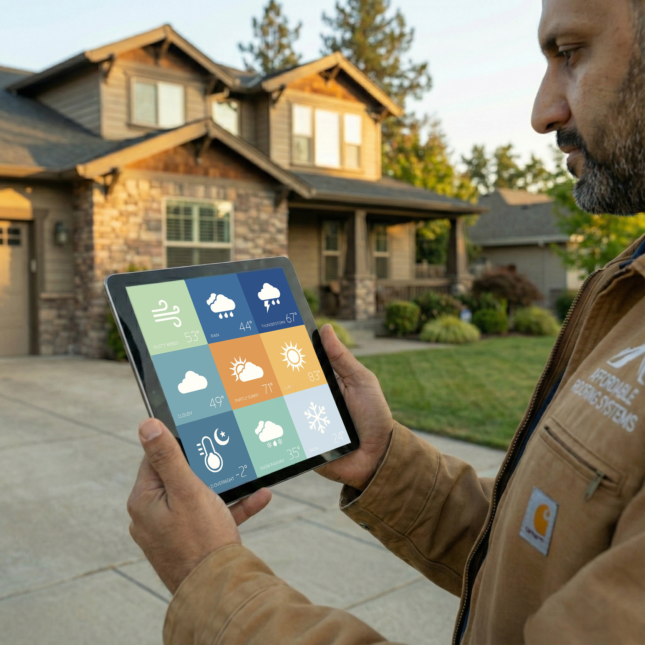 ARS contractor checking weather forecast on tablet for year-round roofing